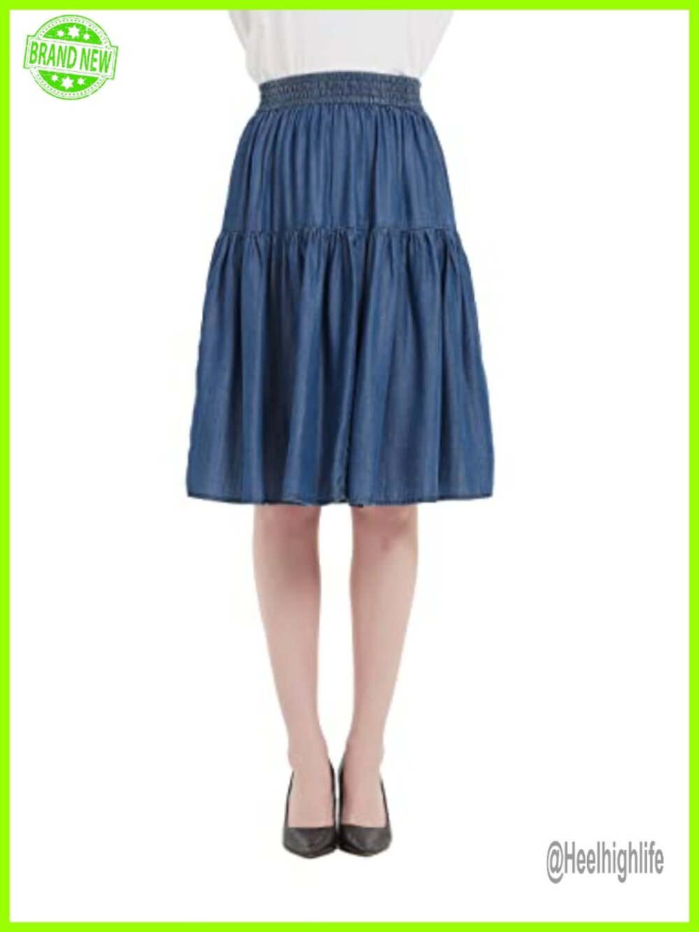 Tiered A-Line Tencel Denim Knee Length Skirt